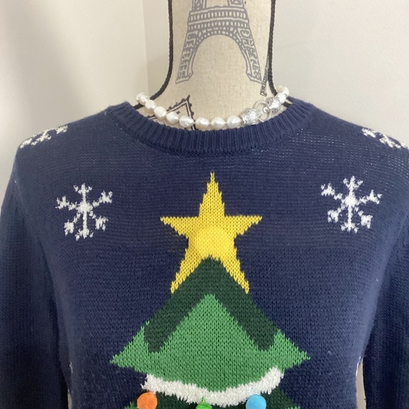 Christmas Sweater Women’s NavyBlue Christmas Tree PomPom Gifts Knit LS Sweater - Picture 2 of 4